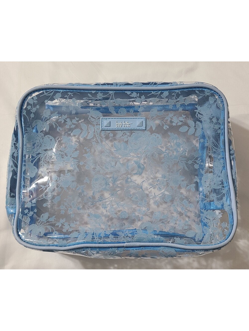 Nicole Miller NY Makeup Cosmetic Beauty Bag Sz Large Blue Clear PVC Travel EUC